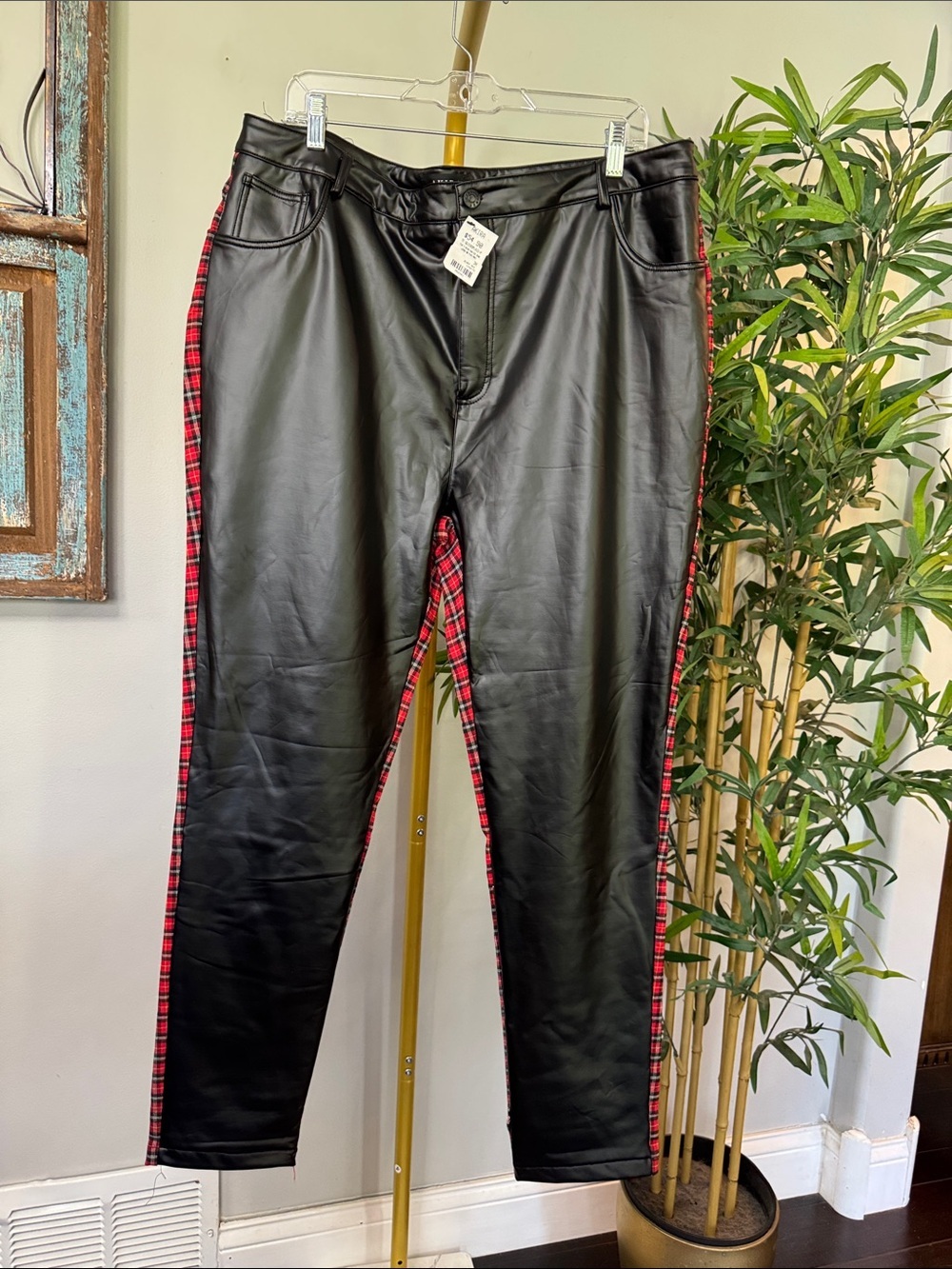 AKIRA Black Faux Leather Pants with Red Plaid back NWT 3X